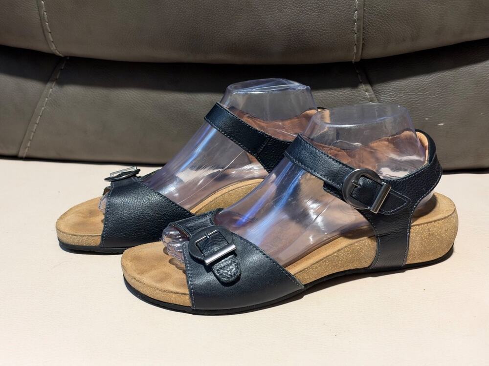 Taos Womens Black Leather Cork Wedge Comfort Sandals Adjustable Buckle Shoes